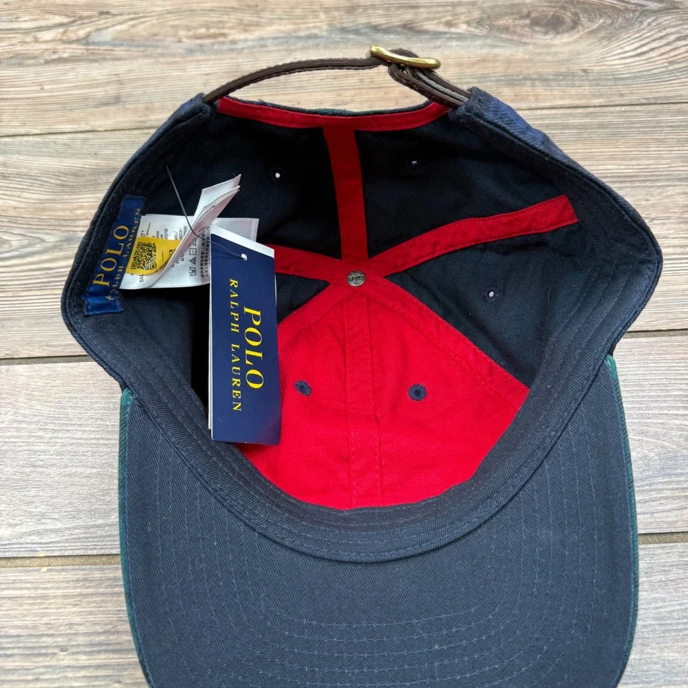 Polo Ralph Lauren Mens Plaid Ball Cap Black Watch Green Blue Leather Strap NWT